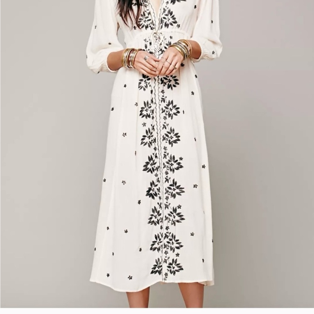 Free People Cream and Black Floral Midi Dress